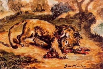 Animal Painting - león devorando un trozo de carne Giorgio de Chirico